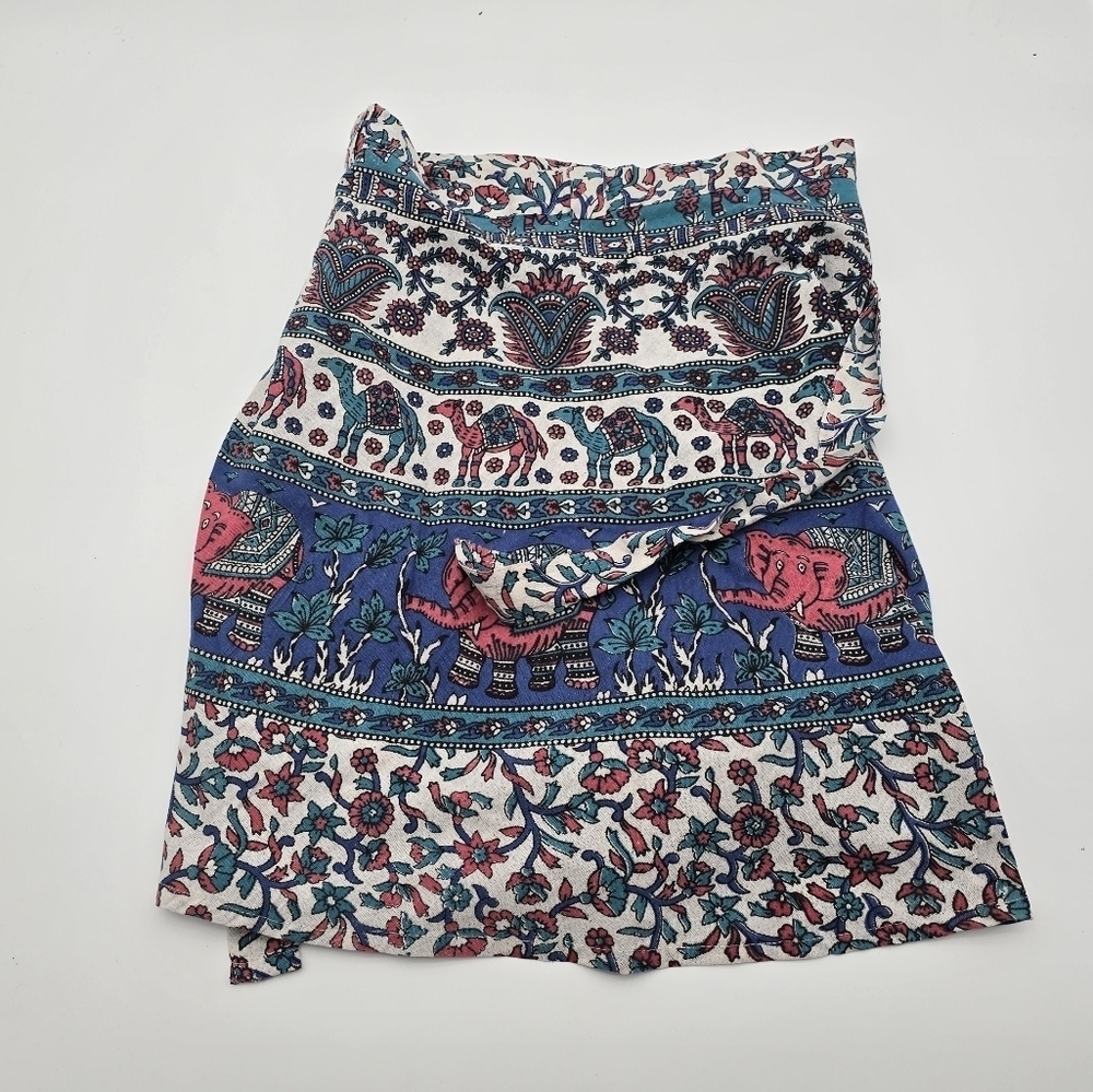 Vintage Half Apron 2X 3X Blue Pink White Elephant Camel Floral Paisley Indian